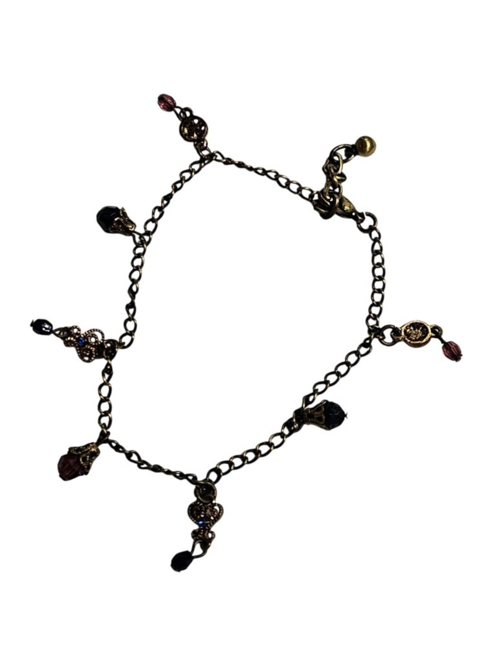 Vintage 90s Anklet Goldtone Blue Fuchsia Plastic Bead Fringe 8.75 - 9.5 inches
